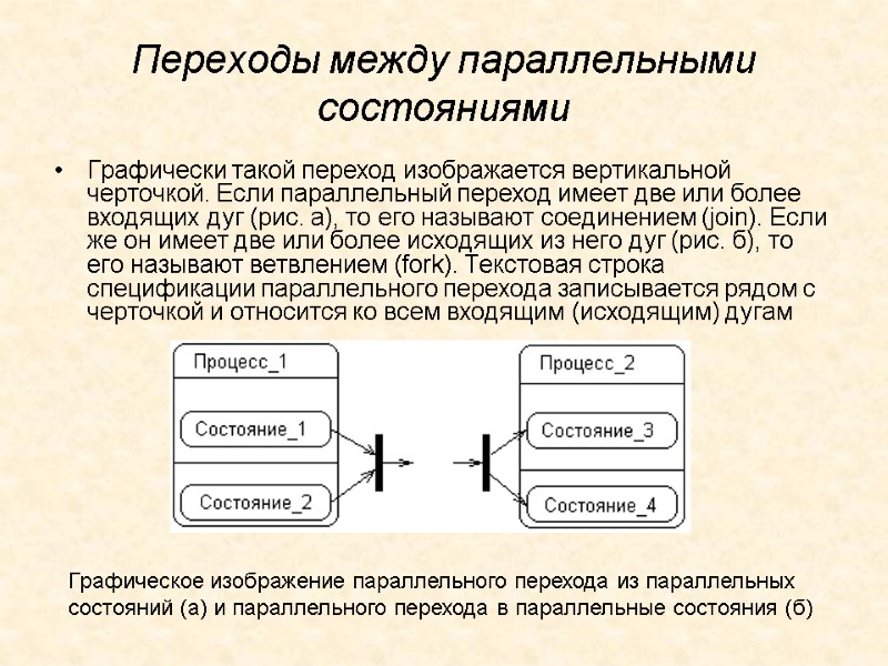 Переходы между параллельными состояниями Графически такой переход изображается вертикальной черточкой. Если параллельный переход имеет